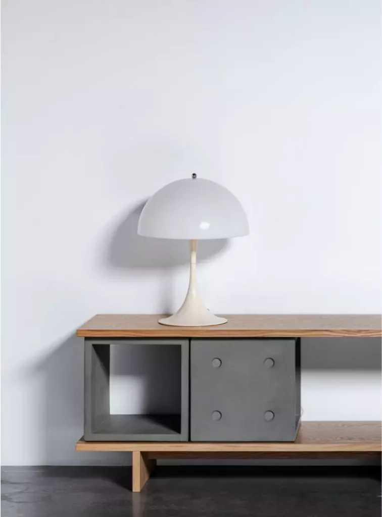 wood and concrete enfilade design by Alexandre Dubreuil for Lyon béton, here with a Louis Poulsen Panthella MINI lamp