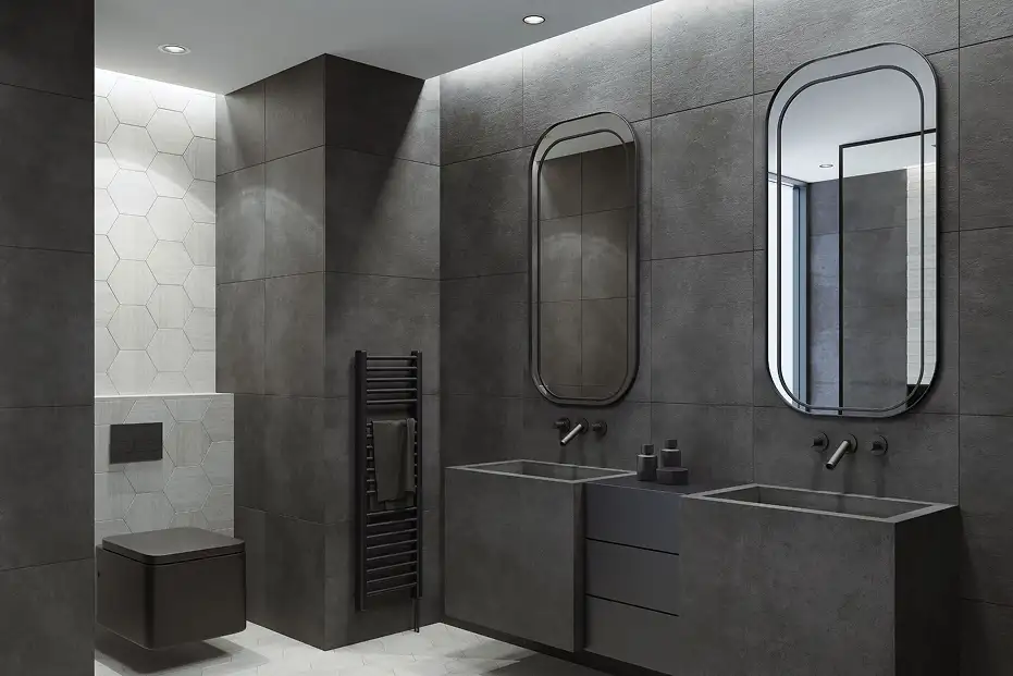 Salle de bain en béton sombre gris anthracite, double vasque design et miroirs ovales