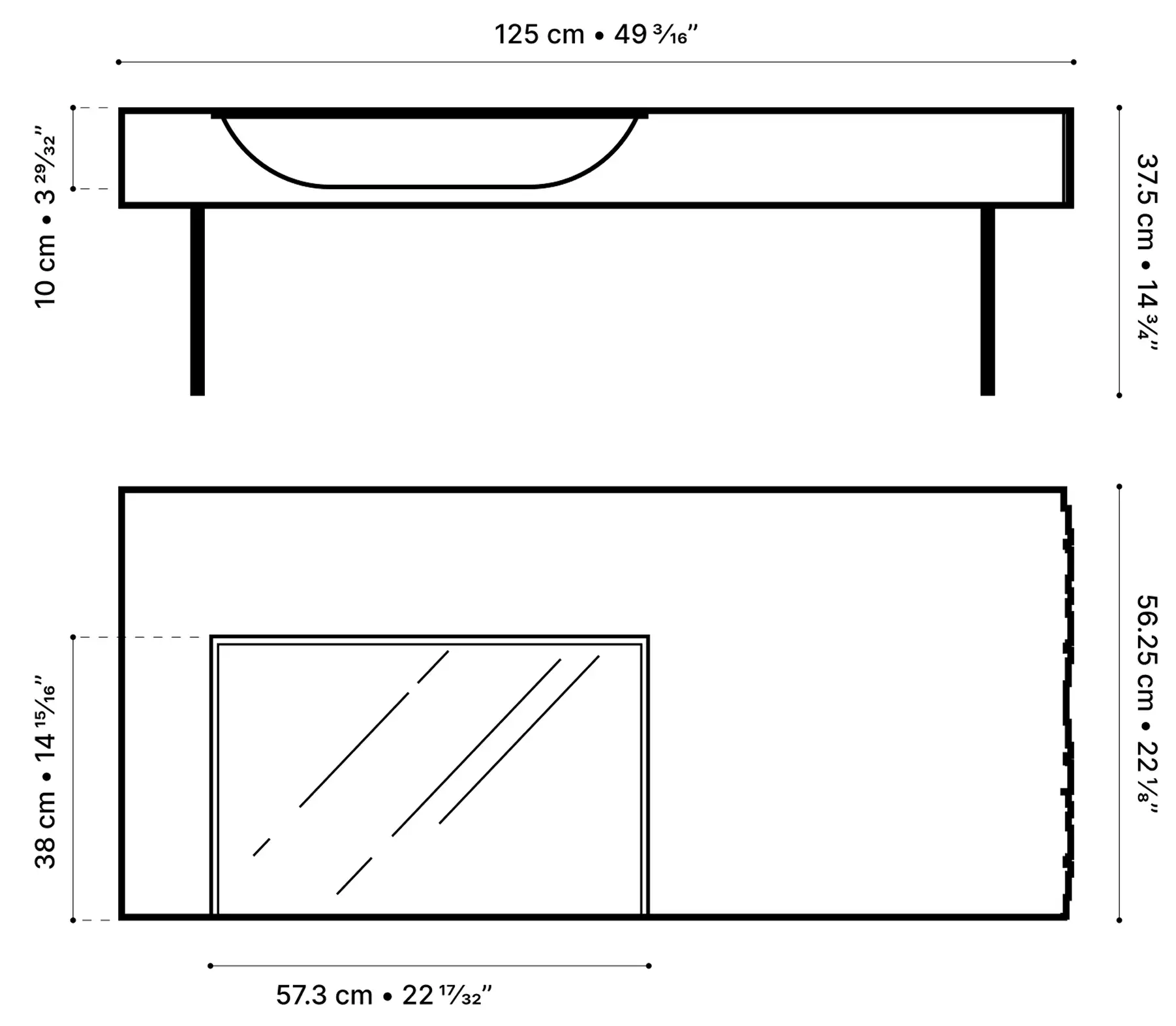 Plan technique de la table basse Curb avec dimensions, vue de face et vue du dessus — Lyon Béton