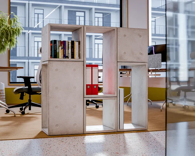 Rangement modulable Dice en béton utilisé comme séparation ouverte dans un bureau