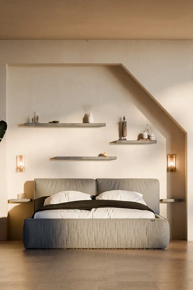 Composition d'étagères en béton sur mur incliné dans une chambre minimaliste