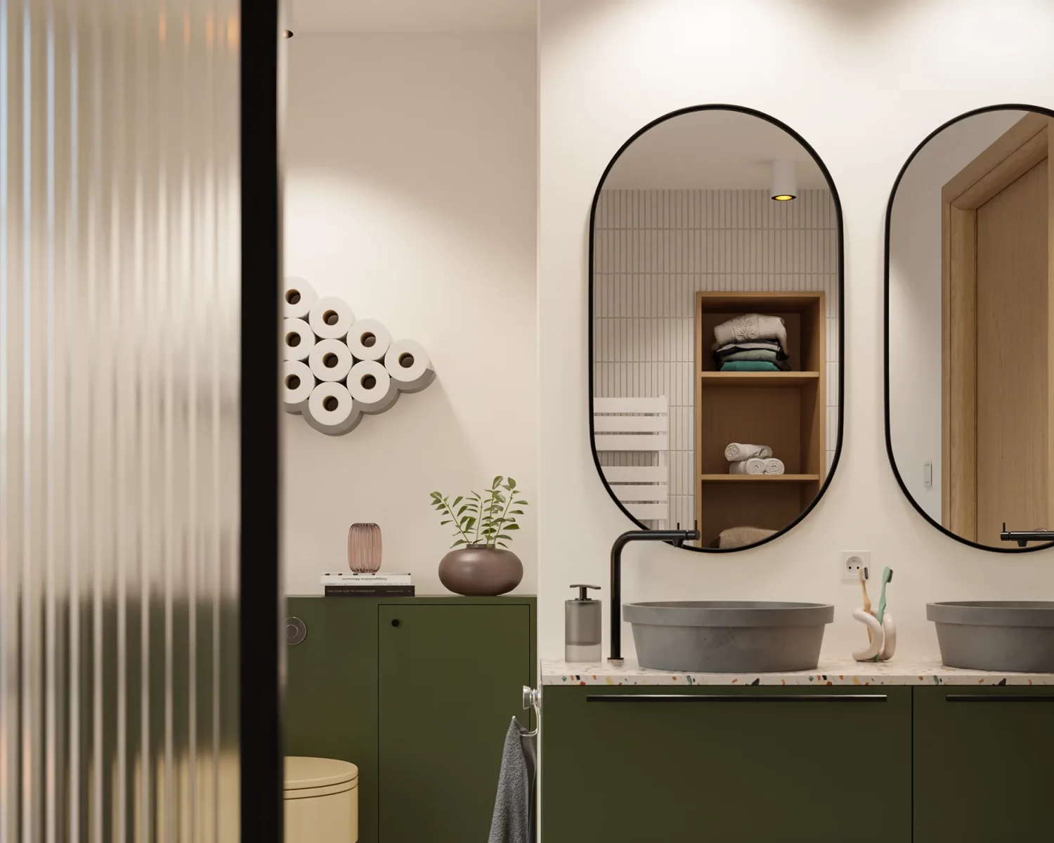 Salle de bain avec un porte-papier toilette Cloud au mur et deux vasques en béton sur un plan en terrazzo.