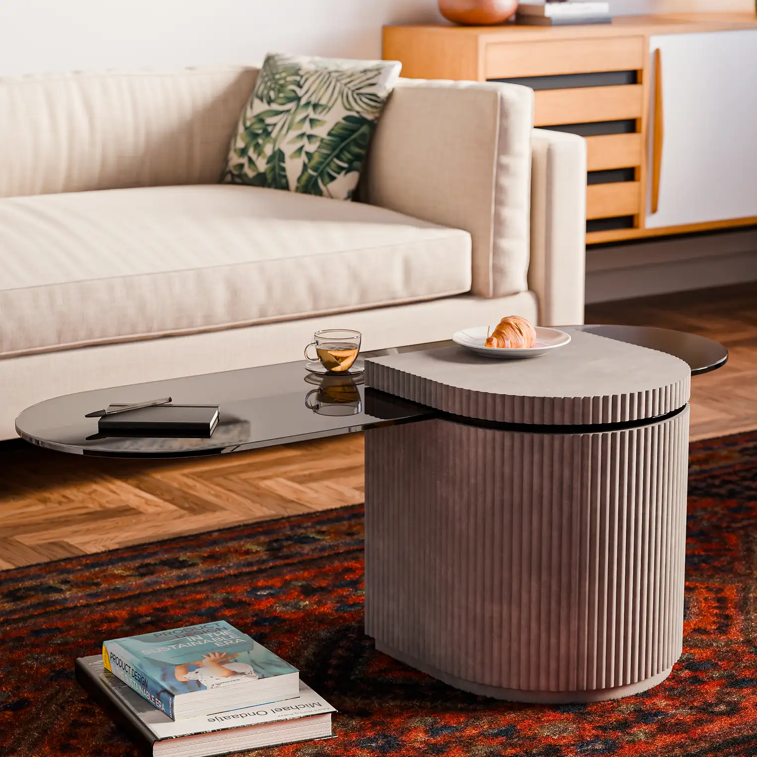 Table basse Strut en béton dans un salon chaleureux avec canapé crème et tapis persan — Lyon Béton