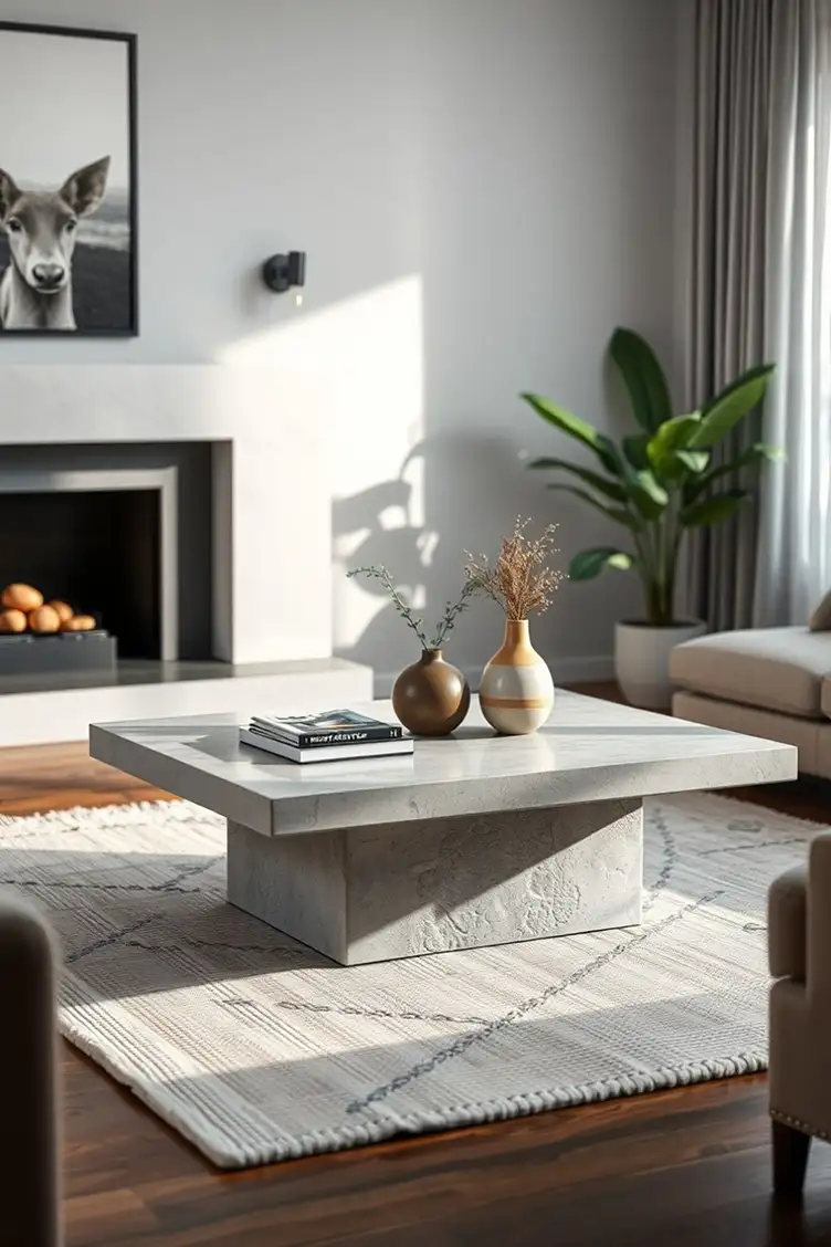 Table basse en béton dans un salon minimaliste avec cheminée et décoration végétale