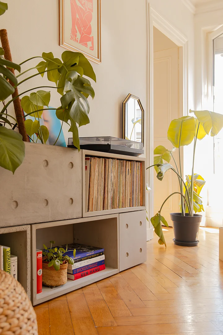 meuble de rangement en béton pour vinyles et plantes d'intérieur