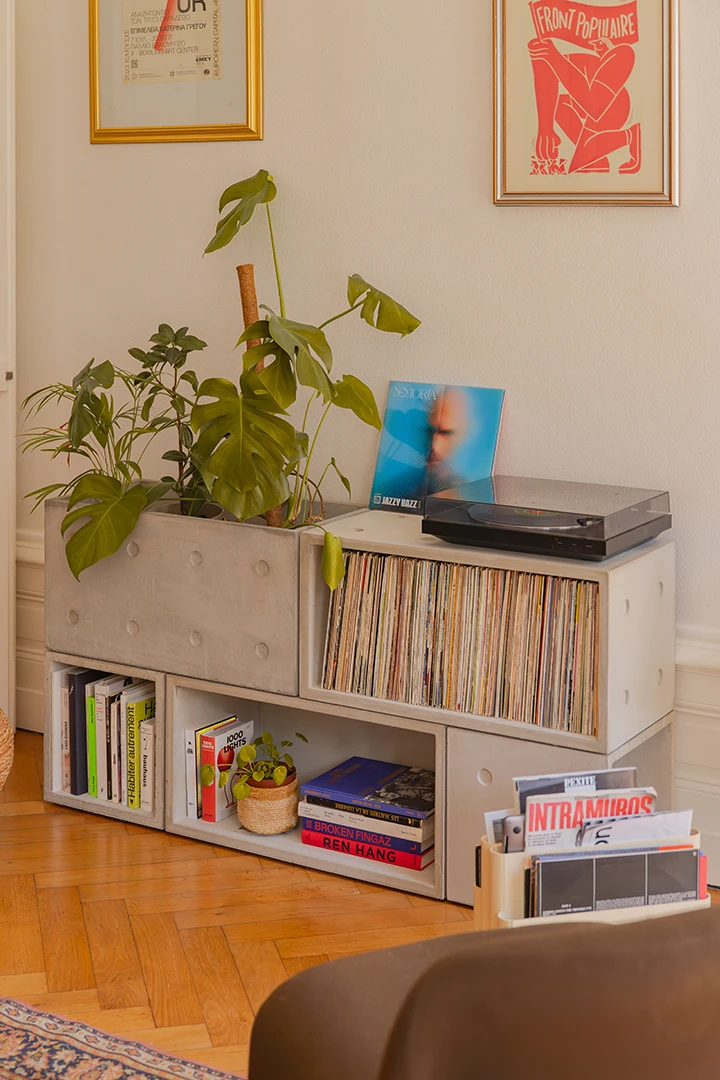 meuble de rangement en béton dans un salon haussmannien avec de nombreux de disque vinyles et plantes d'intérieurs