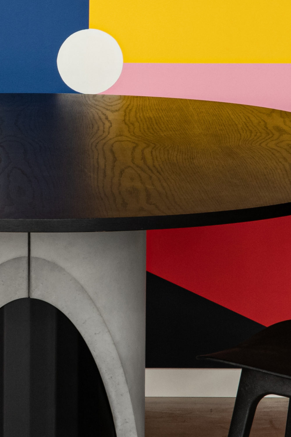 Detail of the wooden tinted oak wooden platform matt black dining table Bertrand Jayr