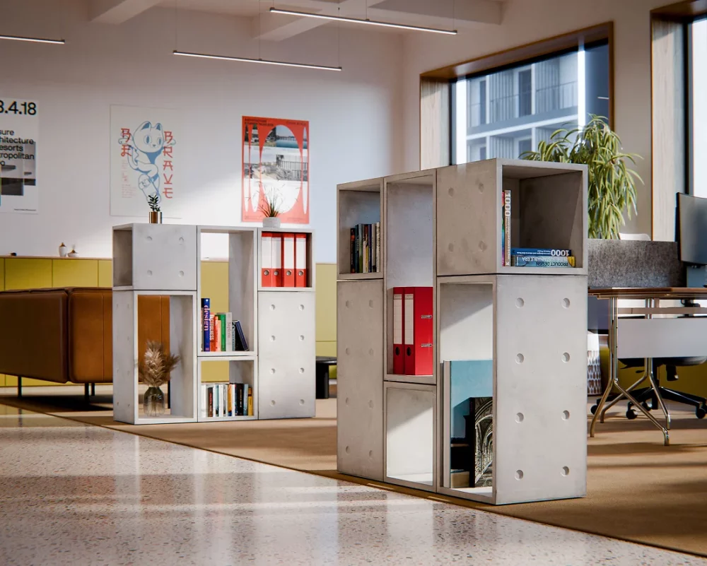 Rangement modulable Dice en béton utilisé comme séparation ouverte dans un bureau